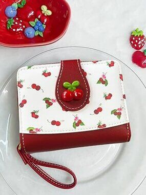 NEW Fruit Cherry Print Wallet Card Slots Small Wallet w Zipper Coin Pouch